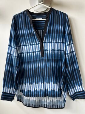 Vince Silk Blue and White Striped Tie-Dye Tunic